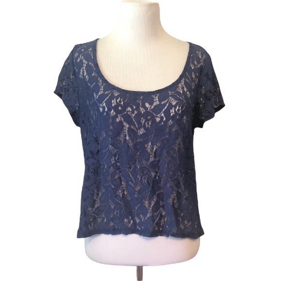 Eyeshadow Lace See Through Hi Low Crop Top - Picture 1 of 5